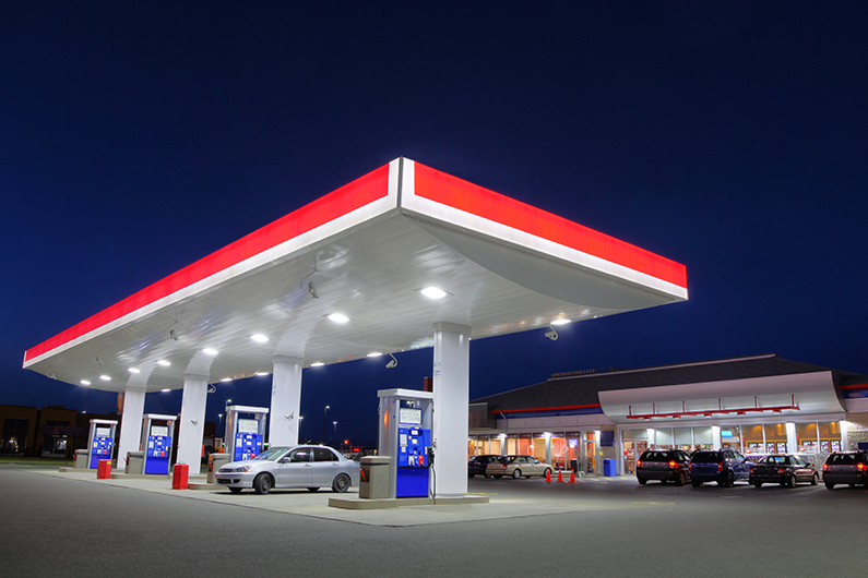 Gas station and convenience store after dark
