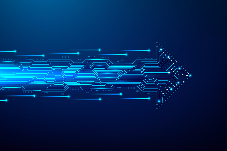 A glowing blue digital circuit forms an arrow pointing forward against a dark blue background.