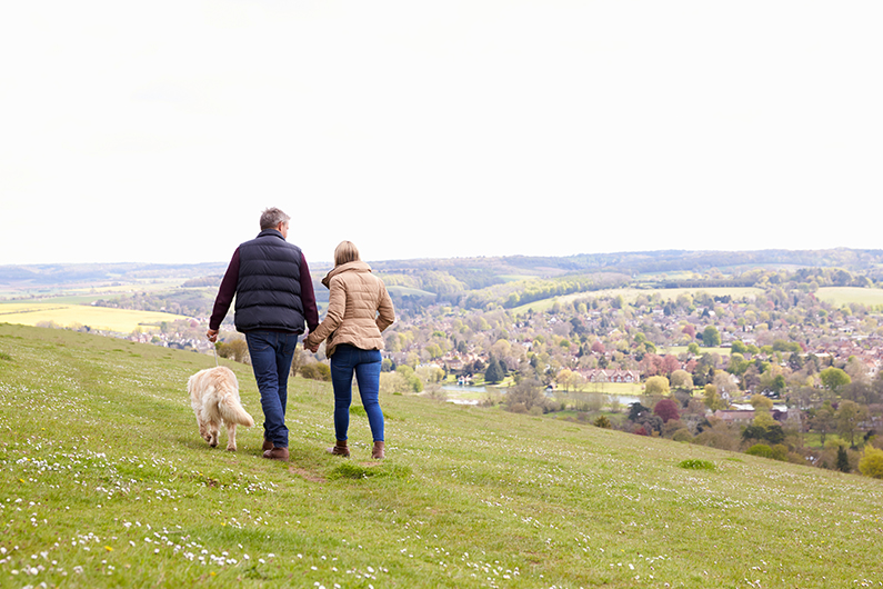 A man and a woman hold hands while walking a white dog in the countryside.