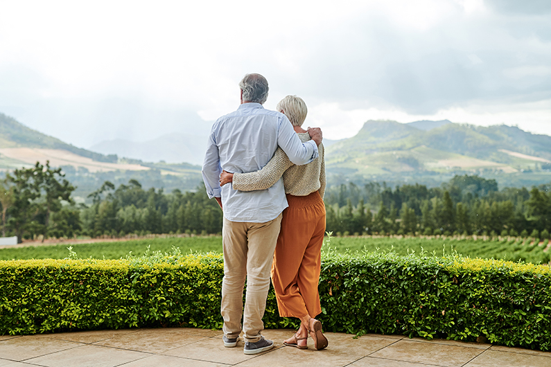 Couple seen from behind taking in a scenic view.