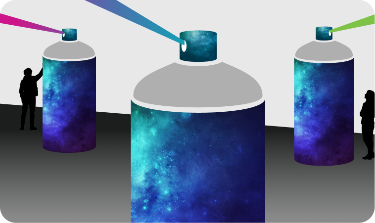 Stylized image of spray cans taller than a person with lasers emitting from the nozzles