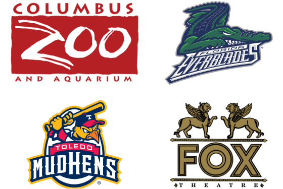 Columbus Zoo, Florida Everblades, Toledo Mud Hens, and Fox Theatre logos